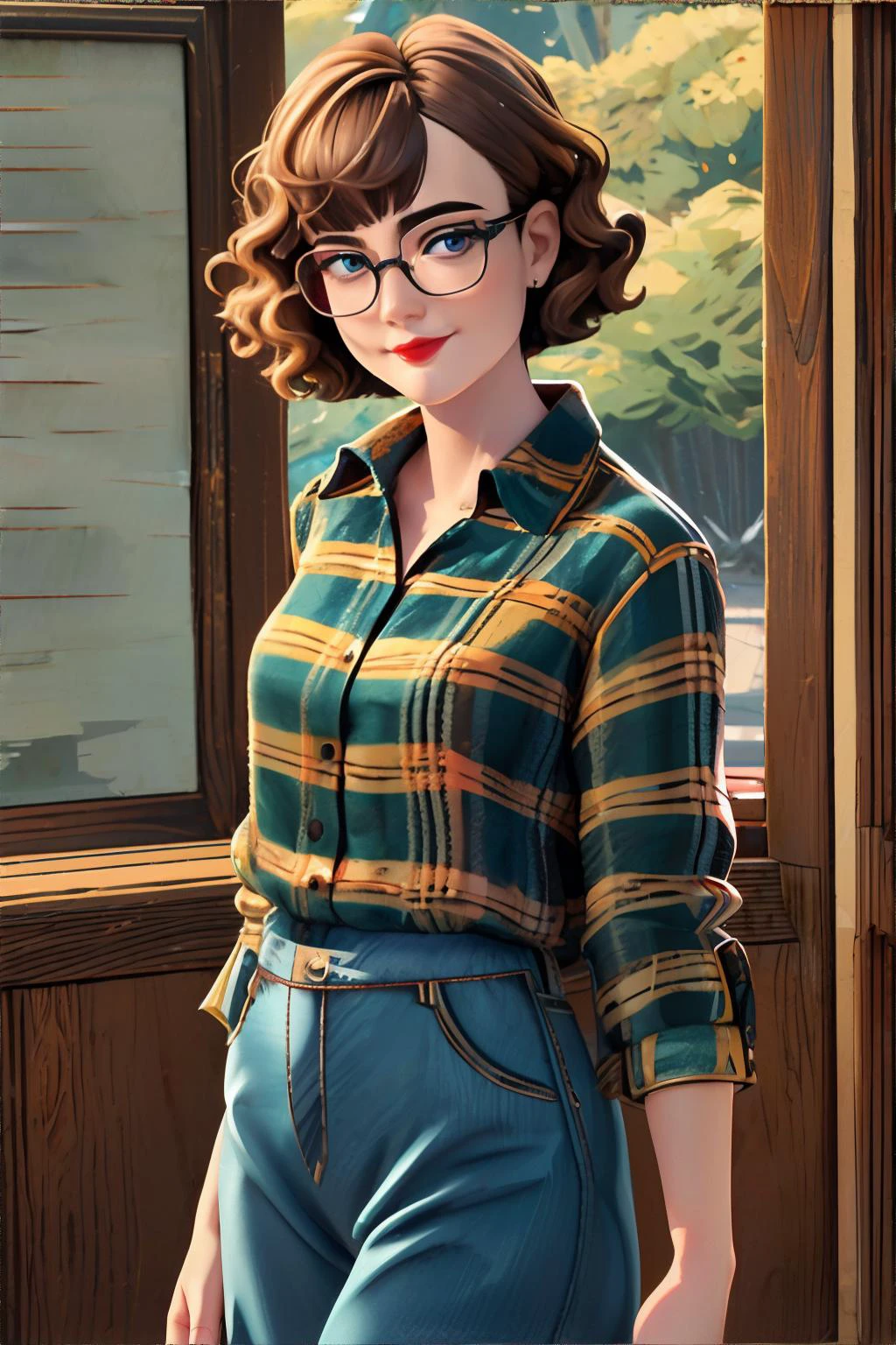 <lora:bzl_06:0.8> <lora:wood:0.6>, woman wearing flannel shirt and glasses, brown curly bob haircut, (blue|grey|green) eyes, closed smile || masterpiece, perfect quality, sharp focus, shallow depth of field, 8k