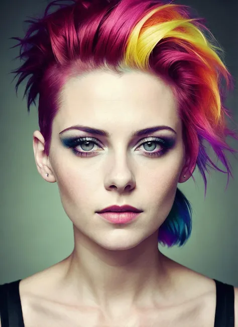 portrait of sks woman by Flora Borsi, style by Flora Borsi, bold, bright colours, rainbow Mohawk haircut, ((Flora Borsi)), <lora:lora_kristenstewart_v1_from_v1_160:1>