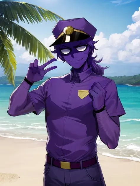 best quality, masterpiece, highres, detailed, digital artwork, <lora:Detail - add_detail:0.2>, purpleguy, <lora:Character - purpleguy-08:0.8>, purple skin, jojo pose, stand \(jojo\), beach, relaxing, sunglasses, smug,