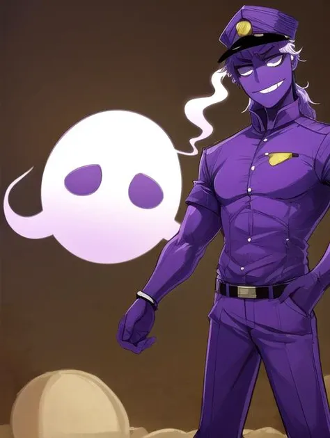 best quality, masterpiece, highres, detailed, digital artwork, <lora:Detail - add_detail:0.2>, purpleguy,  <lora:Character - purpleguy-08:0.8>, purple skin, smug, jojo pose, stand \(jojo\), ghosts,