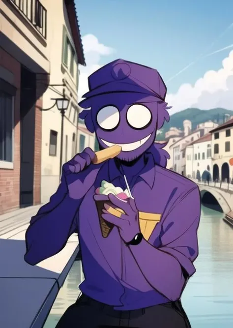 <lora:purpleguy-08:1> purpleguy, sitting in italian Fondamenta, eating ice cream, river background, detailed background, masterpiece, best quality