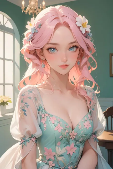 (masterpiece, best quality:1.3), 1girl, pink hair, french braid, long hair, yellow eyes, light smile, upper body, portrait, looking at viewer, dr3ss, pastel theme gown, floral print, puffy short sleeves, hair flower, see-through, cleavage, medium breasts, jewelry, ballroom, indoors, chandelier, windows, beautiful face, beautiful eyes, <lora:Outfit_soph-SpringFlingCouture:0.8>