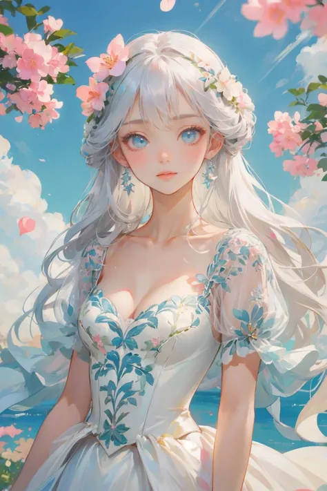 (masterpiece, best quality:1.3), 1girl, light grey hair, long hair, light smile, upper body, looking at viewer, dr3ss, pastel theme gown, floral print, puffy short sleeves, hair flower, see-through, intricate embroidery, cleavage, medium breasts, flowers, falling petals, outdoors, blue sky, clouds, sunshine, flying petals, glossy skin, shiny skin, beautiful face, beautiful eyes, <lora:Outfit_soph-SpringFlingCouture:0.8>