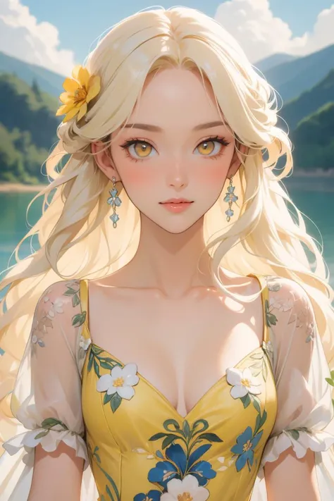 (masterpiece, best quality:1.3), 1girl, (yellow eyes, light blonde hair, long hair), light smile, upper body, portrait, looking at viewer, dr3ss, pastel theme gown, yellow gown, floral print, puffy short sleeves, hair flower, intricate embroidery, see-through, <lora:Outfit_soph-SpringFlingCouture:0.8>, cleavage, medium breasts, jewelry, scenic view, scenery, outdoors, beautiful face, beautiful eyes