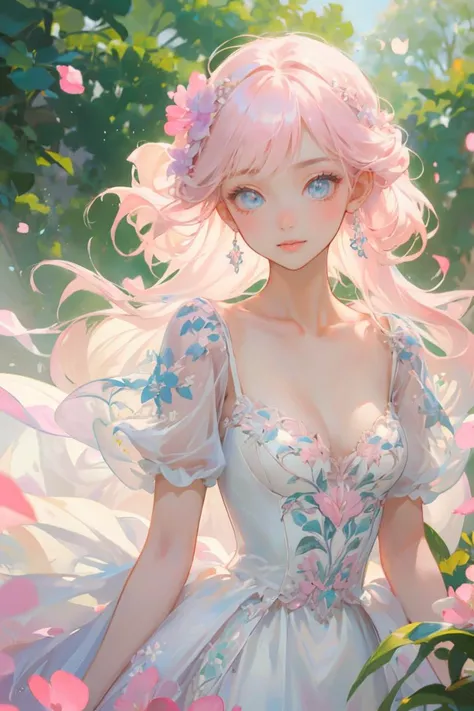 (masterpiece, best quality:1.3), 1girl, light pink hair, long hair, light smile, upper body, looking at viewer, dr3ss, pastel theme gown, floral print, puffy short sleeves, hair flower, see-through, intricate embroidery, cleavage, medium breasts, flowers, falling petals, outdoors, light rays, flying petals, beautiful face, beautiful eyes, <lora:Outfit_soph-SpringFlingCouture:0.8>