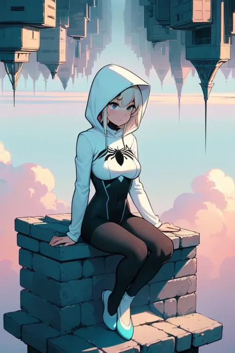 (((masterpiece))), (((best quality))), (((from side))), (((upside-down world))), (((floating city))), ((mint ballet slippers)), ((sitting on stone parapet)), ((hooded bodysuit)), ((paid lining)), (black pantyhose), blonde hair, spider logo, gradient light, skyline, high sky, colorful cloudy sky, solo, 1girl, big tits, sweat, slim figure, (spider gwen)