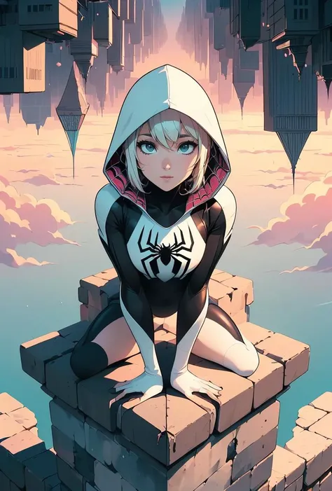 (masterpiece, best quality), 1girl,   <lora:girllikeupside-downworld:0.8> (((upside-down world))), (((floating city))), ((stone parapet)), ((hooded bodysuit)), ((paid lining)), (black pantyhose), (mint ballet slippers), blonde hair, spider logo, gradient light, skyline, high sky, colorful cloudy sky,