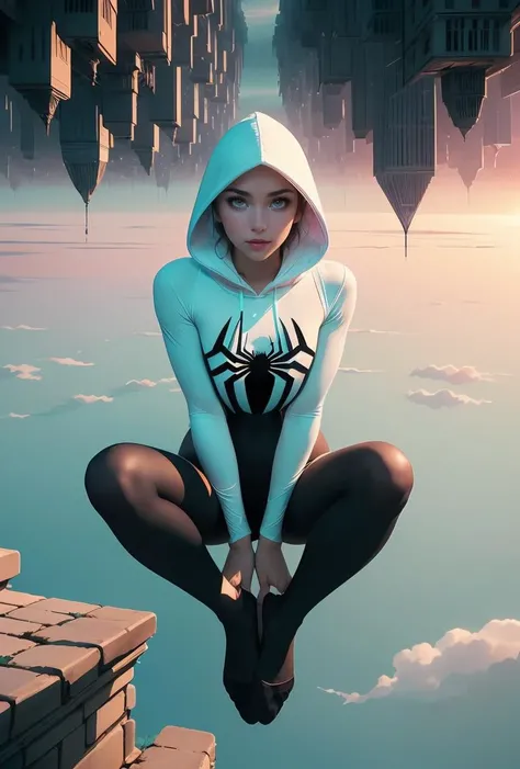 (masterpiece, best quality), 1girl,   <lora:girllikeupside-downworld:0.8> (((upside-down world))), (((floating city))), ((stone parapet)), ((hooded bodysuit)), ((paid lining)), (black pantyhose), (mint ballet slippers), blonde hair, spider logo, gradient light, skyline, high sky, colorful cloudy sky,