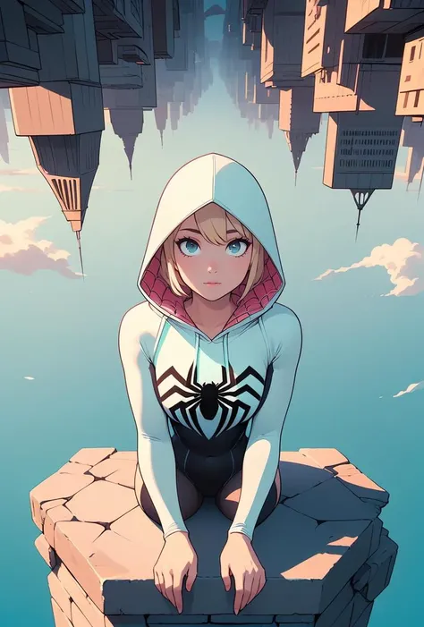 (masterpiece, best quality), 1girl, <lora:girllikeupside-downworld:0.8> (((upside-down world))), (((floating city))), ((stone parapet)), ((hooded bodysuit)), ((paid lining)), (black pantyhose), (mint ballet slippers), blonde hair, spider logo, gradient light, skyline, high sky, colorful cloudy sky,