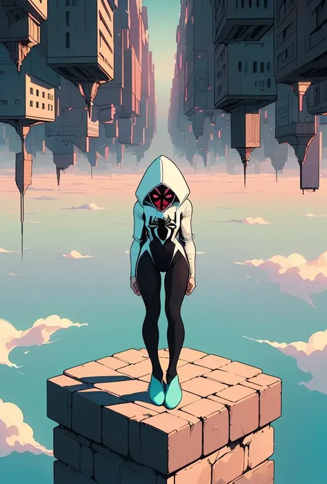 (masterpiece, best quality), 1girl,   <lora:girllikeupside-downworld:0.8> (((upside-down world))), (((floating city))), ((stone parapet)), ((hooded bodysuit)), ((paid lining)), (black pantyhose), (mint ballet slippers), blonde hair, spider logo, gradient light, skyline, high sky, colorful cloudy sky,