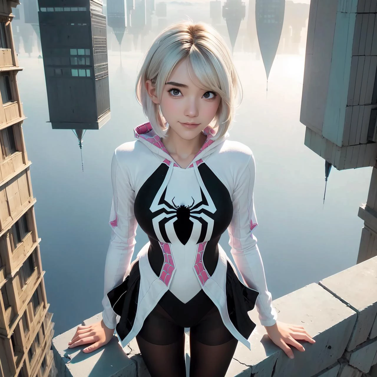(((masterpiece))), (((best quality))), (((full body))), (((from below))), (((upside-down world)), (((floating city))), ((standing on stone parapet)), ((tilt head)), ((plaid lining)), ((long sleeves)), (((black pantyhose:1.2))), (((mint ballet slippers))), (((blonde hair))), (((spider logo))), ((gradient light)), (((skyline))), (((high sky))), (((colorful cloudy sky))), (hooded bodysuit), solo, 1girl, (((big tits))), (((undercut))), (((asymmetrical hair))), sweat, gwen stacy, aqua eyes, short hair, ((animification)), (9eyebrow piercing)), gentle smile, parted lips, <lora:girllikeupside-downworld:0.8> <lora:gwen_1.5:0.5>