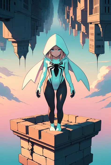(masterpiece, best quality), 1girl,   <lora:girllikeupside-downworld:0.8> (((upside-down world))), (((floating city))), ((stone parapet)), ((hooded bodysuit)), ((paid lining)), (black pantyhose), (mint ballet slippers), blonde hair, spider logo, gradient light, skyline, high sky, colorful cloudy sky,