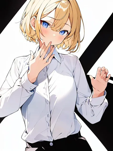<lora:eye_opening_v2.0:1>,masterpiece, 1girl,eye focus, blonde hair, short hair,
white shirt, long sleeves, closed shirt,
black background,