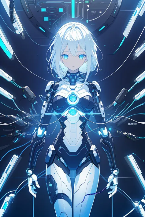 1girl,
masterpiece, illustration, official_art,
science fiction, futuristic, matrix, cyberpunk, magic, magical,
neon_lights, glowing, aura,
tangle, entangled, twisted, wispy, swirl, spiral, wrapped,
((wires, cables, circuits, cord, plug, holographic_interface, tube, string)),
hologram, orb, sensors, fusion core, fusion core, plasma, power cell,
armor, tight,
hacker,
(robotic_limbs:1.1), android, humanoid, cyborg,
(((white_background, white_walls, white_room, white_light))),
<lora:eye_opening_v2.0:1>
<lora:more_details:0.4>