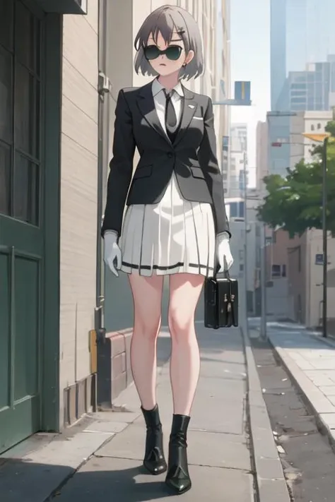 best quality, masterpiece, highres, solo, {black business suit:1.40}, {tie:1.20}, {sunglasses:1.25}, {white gloves:1.15}, {white shirt:1.10}, {black skirt:1.15}, {smoking:1.20}, handsome, {yukimura_aoi_encouragementofclimb:1.15}, blush, short_hair, green_eyes, hair_ornament, hairclip, grey_hair, brown_hair