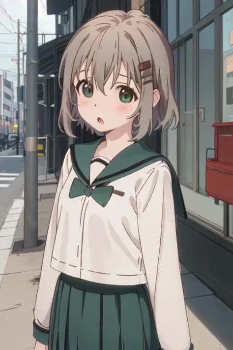 nsfw, best quality, masterpiece, highres, solo, {yukimura_aoi_encouragementofclimb:1.15}, blush, short_hair, green_eyes, hair_ornament, hairclip, grey_hair, brown_hair, 1girl, closed_mouth, sailor_collar, school_uniform, serafuku, upper_body, bangs, Leaning forward, green_sailor_collar, hair_between_eyes, bow, looking_at_viewer, smile, green_bow, indoors, shirt, white_shirt