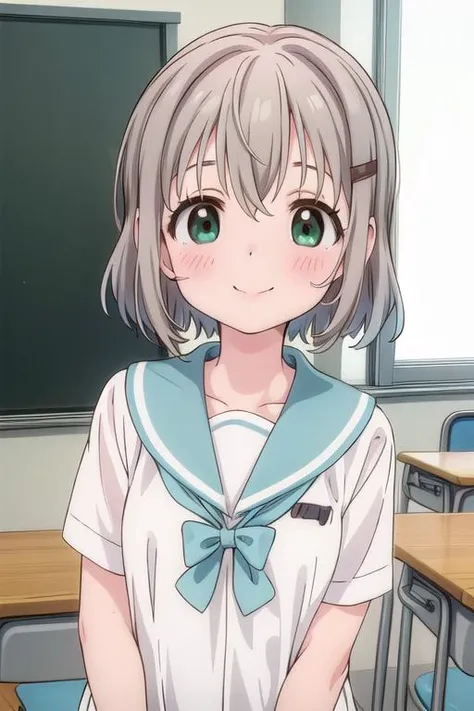 best quality, masterpiece, highres, solo, {yukimura_aoi_encouragementofclimb:1.15}, blush, short_hair, green_eyes, hair_ornament, hairclip, grey_hair, brown_hair, 2girls, multiple_girls, school_uniform, serafuku, open_mouth, yuri, smile