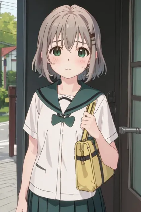 best quality, masterpiece, highres, solo, {yukimura_aoi_encouragementofclimb:1.15}, blush, short_hair, green_eyes, hair_ornament, hairclip, grey_hair, brown_hair, 1girl, closed_eyes, school_uniform, serafuku