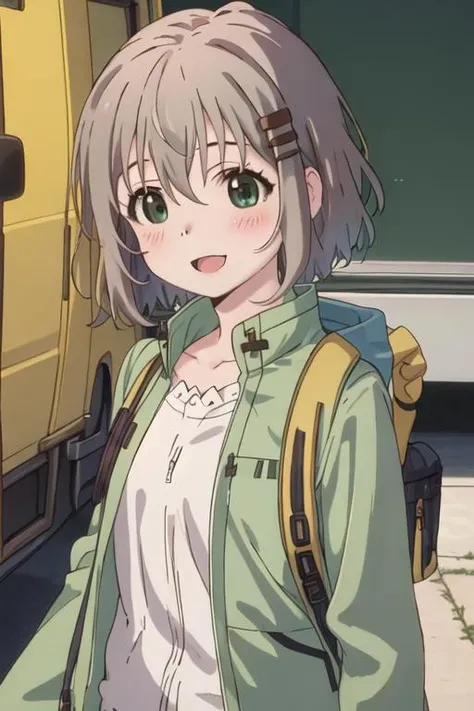 best quality, masterpiece, highres, solo, {yukimura_aoi_encouragementofclimb:1.15}, blush, short_hair, green_eyes, hair_ornament, hairclip, grey_hair, brown_hair, 1girl, :d, bangs, hair_between_eyes, hood, hooded_jacket, jacket, open_clothes, open_mouth, shirt, smile, white_shirt, green_jacket, hood_down, looking_at_viewer, open_jacket, upper_body