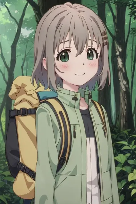 best quality, masterpiece, highres, solo, {yukimura_aoi_encouragementofclimb:1.15}, blush, short_hair, green_eyes, hair_ornament, hairclip, grey_hair, brown_hair, 1girl, backpack, bag, forest, green_jacket, jacket, nature, outdoors, tree, bangs, black_shirt, day, hair_between_eyes, shirt, closed_mouth, smile, upper_body, open_clothes, open_jacket, sunlight