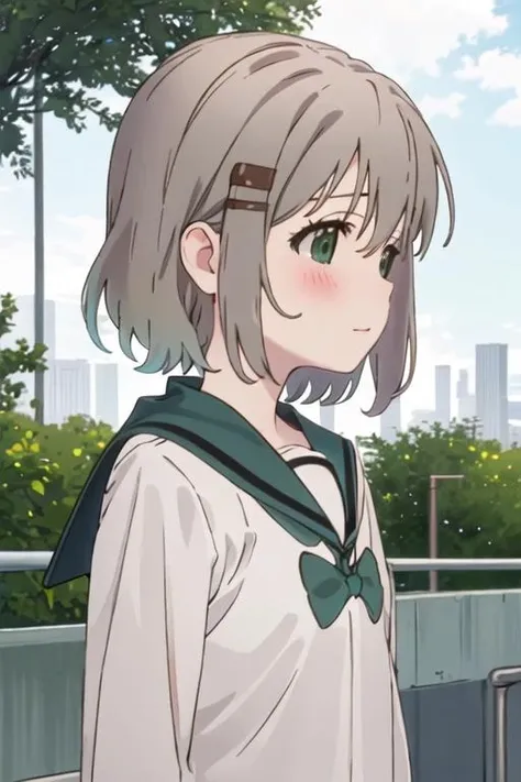 best quality, masterpiece, highres, solo, {yukimura_aoi_encouragementofclimb:1.15}, blush, short_hair, green_eyes, hair_ornament, hairclip, grey_hair, brown_hair, 1girl, closed_mouth, day, outdoors, profile, sailor_collar, school_uniform, serafuku, upper_body, bangs, tree, green_sailor_collar, shirt, sky, white_shirt, blue_sky