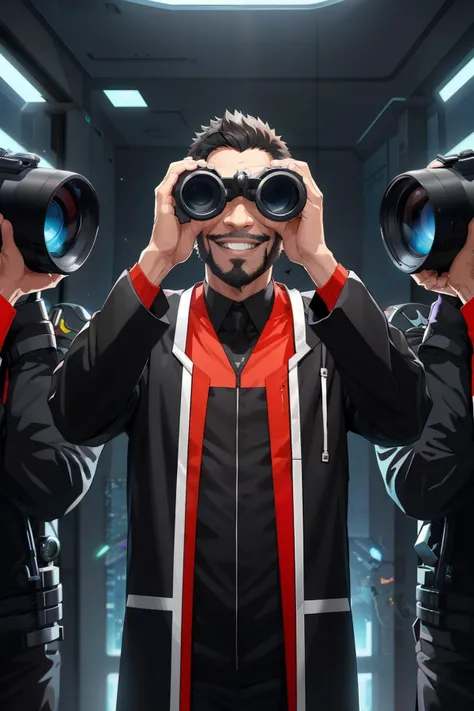 1boy, some guy from the internet holding binoculars, excitedly watching BlazzzX4's latest pose release, chunky scifi binoculars, big smile, facial hair, standing on the information superhighway, masterpiece, best quality, CG, wallpaper, HDR, high quality, high-definition, extremely detailed
