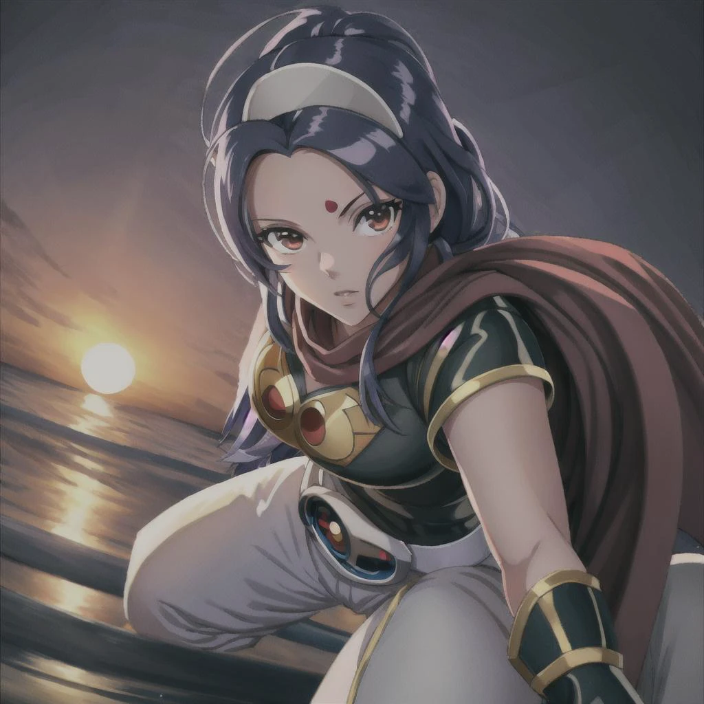 <lora:MayLeeMS:0.8>, portrait of girl, ((anime:0.8)), photoshoot, best quality, japanese dojo, agressive pose, great view, depth of field, masterpiece, detailed face, detailed eyes, sunset, natural light, (low angle:1.5), (full body:1), (full shot:1.5), MAYLEEMS, GLOVES, BELT, GOGGLES ON HEAD, SCARF, PANTS, CAPE, RED SCARF<lora:Fra_AriesArmor_V13:1.0>