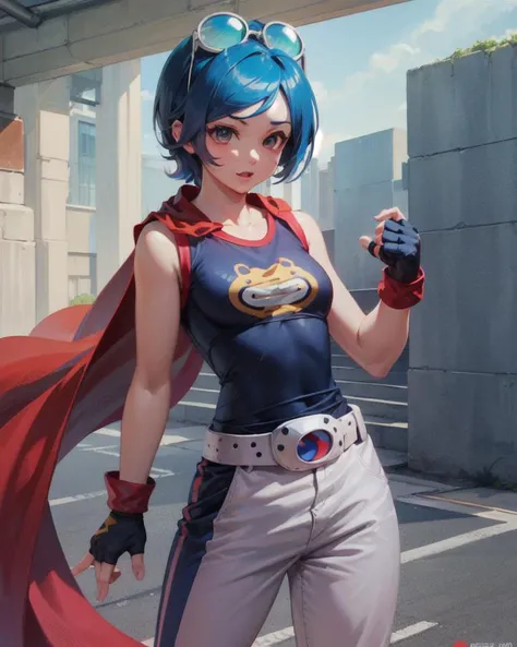 (masterpiece, best quality, high resolution, unity 8k wallpaper, extremely detailed CG:1), (illustration:1.0),cowboy shot, mayleems, gloves, goggles, eyewear on head, belt, goggles on head, scarf, pants, shirt, fingerless gloves, cape, red scarf <lora:MayLeeMS:1>