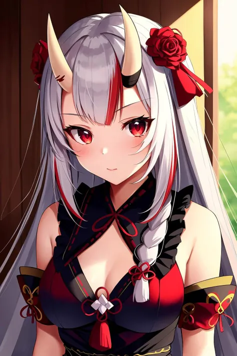 best quality, intricate details,
1girl, <lora:NakiriAyameHololive_v10:0.8> nakiri ayame, oni horns, multicolor hair, long hair, red eyes, white hair,