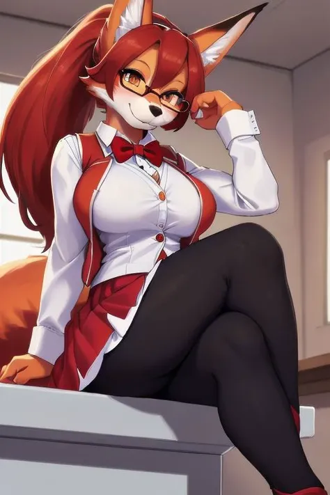 (high res), ((masterpiece)) , ((best quality)), illustration, beautiful, (masterpiece), best quality, highly detailed, perfect eyes, perfect hands, vibrant colors, perfect lighting, 1girl, anthro, furry, Fox girl, fox Ears, fox Tail, Orange Eyes, (Dark red hair, short wavy updo ponytail), (half-rim eyeglasses), (Breasts, milf, mature female), clothed, (white dress shirt, red vest, red skirt, black leggings, red bowtie:1.4) classroom, sitting at desk, legs crossed, warm, hand on desk