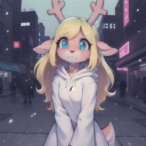 noelle, 1girl, solo, FurryCore, + +, nervous, aqua eyes, looking at viewer, ,white robe, hooded robe, w arms, in a neon green city, snow, deer, deer nose, deer horns, blonde hair, deer, deer girl, FurryDalle, red nose, red deer girl nose