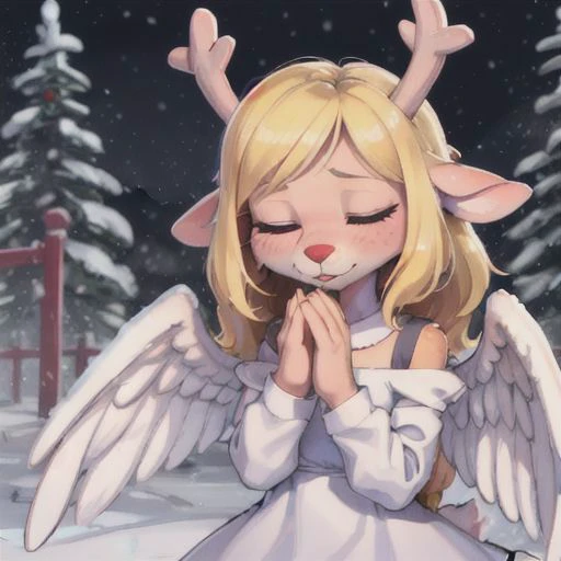 noelle, FurryCore, closed eyes, praying, white dress, angel wings, serious face, in the snow, deer, deer nose, deer horns, blonde hair, deer, deer girl, FurryDalle, red nose, red deer girl nose