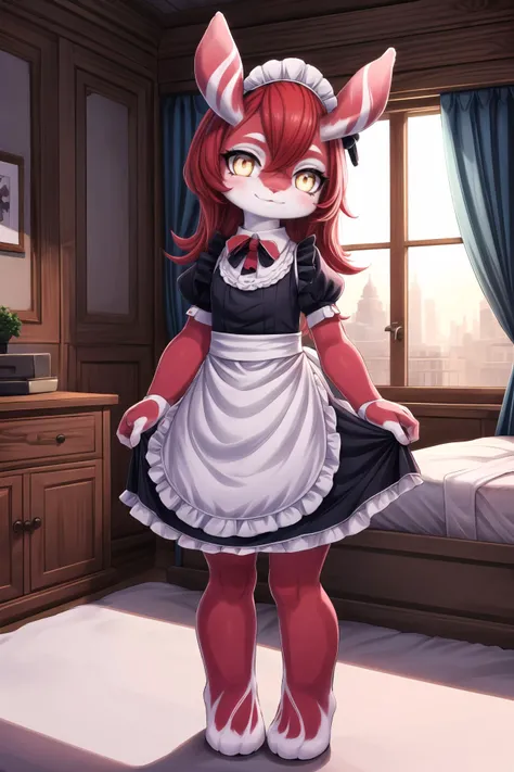 Short, Femboy, panties, ginormous bulge, giant waist, anthro cat, thin body, shy, ginormous thighs, maid outfit, standing, ginormous butt, single subject, living room, thigh highs, blushing