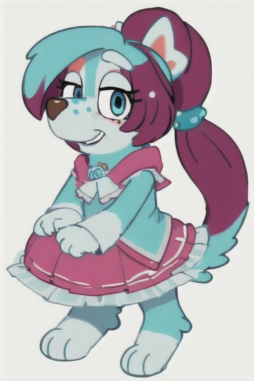 cartoon puppy Bluey Style, aqua colored fur with white spots, burgundy hair, ponytail, aqua eyes, smile, no background, white background, (masterpiece, best quality), (Detailed and Intricate, best image, high-resolution)