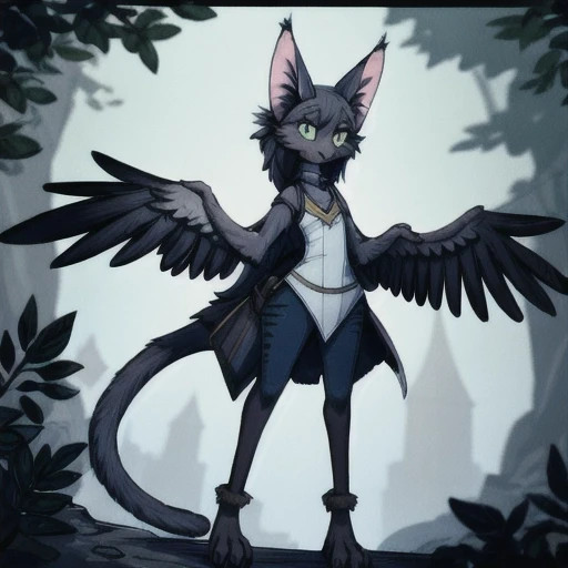 Solo, 1_person, 2_wings, 1_tail, 2_legs, short_snout, fully_clothed, dress, pants, no_hands, small_nose, robe, avian_arms, large_wings, avian_body, wing_arms, no_hands, harpy, tapered_tail, large_wings_for_arms, feathered_butt, feline_face, short_snout, avian_bodytype, feathery_tail, thick_tail, clothed,
 cat_ears, catbird, flat_chest, feathers, digitigrade_legs, prehensile_toes, <lora:animeHarpy_v10:1> (best quality, high quality)(rating: safe)