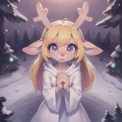 noelle, FurryCore, interlocked fingers, praying, X3, white robe, hooded robe, in the neon snow place, deer, deer nose, deer horns, blonde hair, deer, deer girl, FurryDalle, red nose, red deer girl nose