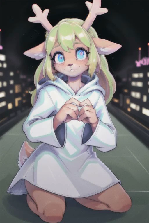 (<lora:noelle trigger:1>noelle, furry female anthro, blonde hair, deer girl, red deer nose, white eyes, white pupils, white robe, hooded robe), heart-shaped eyes, cute smile ,in a neon green city, kneeling, looking at viewer, Heart Hands, own hands together