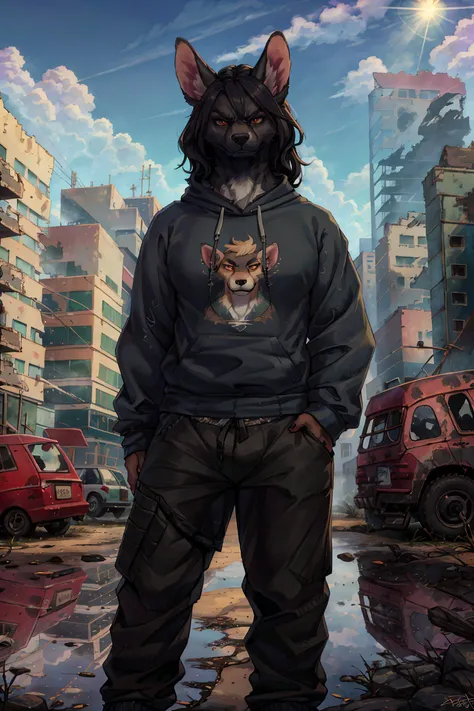 (hi res), ((masterpiece)), ((best quality)), (GS-Masculine:0.8), reflecting light, mammal, dog furry, anthro, angry face, makeup, realistic, long shot, <lora:GothConcepts:0.6>, black fur, (sweatshirt and pants:1.2), curvy hairs, <lora:ApocalypseEngine:0.8> post-apoc, postapoc_character, postapoc_scenery, postapoc_vehicle, postapoc_raider, gasmask, ruined_cityscape, distant_character, wasteland, hazmat