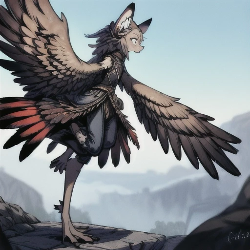 Solo, 1_person, 2_wings, large_wings, massive_wings, long_tail, 2_legs, fighting_pose, short_snout, fully_clothed, pants, covered_butt, wearing_pants, long_skirt, covered_crotch, no_arms, no_hands, clothed, clothing, wing_arms, dress, pants, short_nose, small_snout, robe, avian_wings, covered_butt, large_wings, avian_body, long_wings, hand_feet, no_forearms, no_elbows, wings_for_arms, harpy, large_wings_for_arms, random_pose, handfeet, huge_wings, massive_wings, feather_covered_butt, feline_face,
 cat_ears, flat_chest, feathers, digitigrade_legs, finger_toes, <lora:animeHarpy_v10:1> (best quality, high quality)(rating: safe)