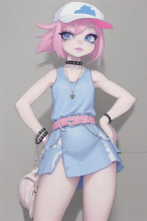 emo girl in a white baseball cap, blue glacier color sleeveless dress, sloppy pink bob-cut with side bang, blue eyes, pink lipstick, dark eyeliner, white skinny jeans, studded bracelet and white belt