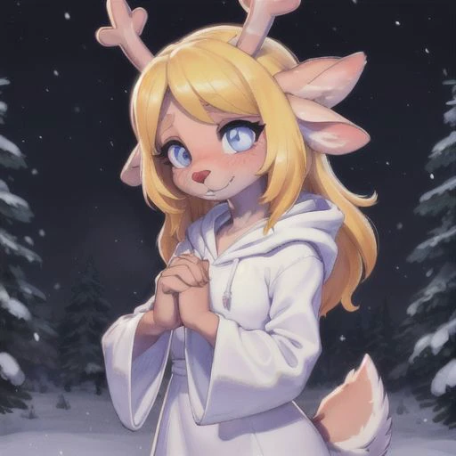 noelle, FurryCore, interlocked fingers, praying, X3, white robe, hooded robe, in the neon snow place, deer, deer nose, deer horns, blonde hair, deer, deer girl, FurryDalle, red nose, red deer girl nose