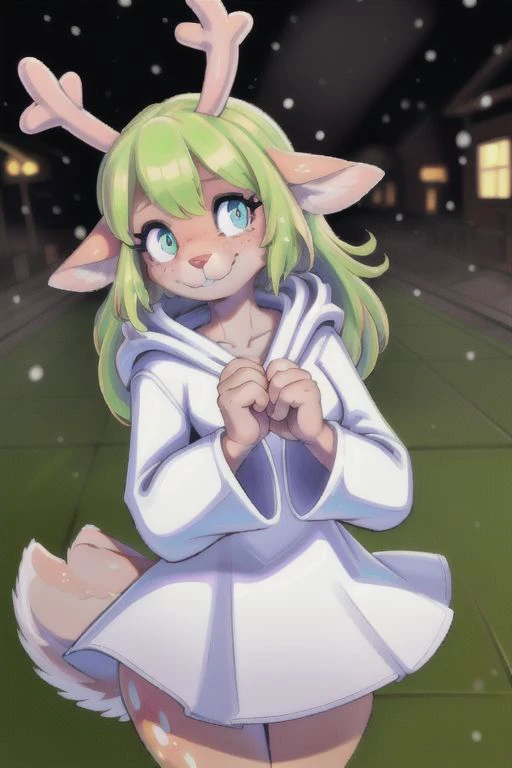(<lora:noelle trigger:1>noelle, furry female anthro, blonde hair, deer girl, red deer nose, white eyes, white pupils, white robe, hooded robe), heart-shaped eyes, cute smile, fart, farting, in a neon green city, looking at viewer, Heart Hands, own hands together, snowing, green tiles, green floor, neon