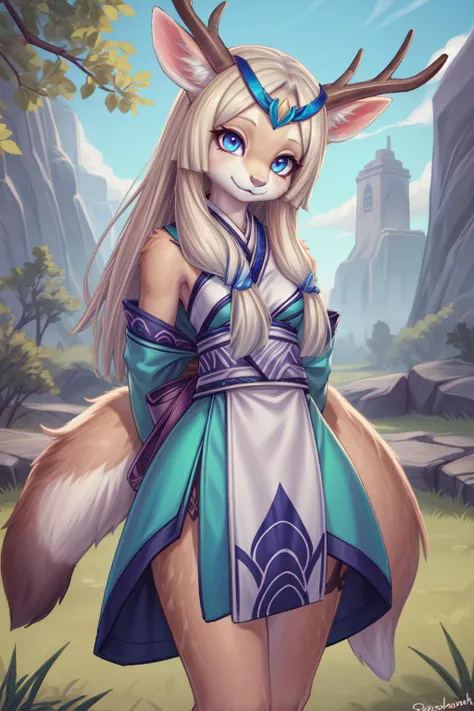 1girl, solo, digital art, ultra detailed, <lora:more_details:0.7>, outdoor, upper body, anthro, deer girl, animal feet, smiling, <lora:Kagura-Onmyouji_Master:0.8>, kagura_om, circlet, arms behind back,