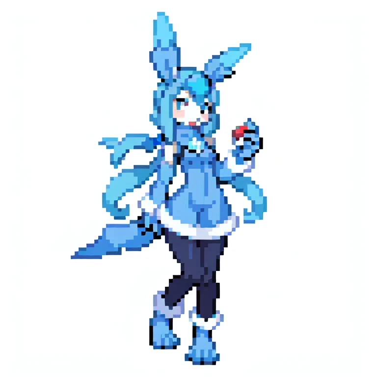 glaceon, (1girl), (anthro), furry, (blue fur), rabbit ears,
looking to the side, snow, ice, icicle, cryokinesis,
turtleneck, pantyhose,
white background,
(holding poke ball),
<lora:F1-Furry-Eeveelution:1>
<lora:pk_trainer768_V1:.6>