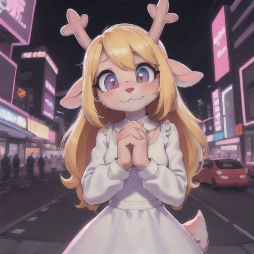 noelle, FurryCore, interlocked fingers, nervous, white dress, in the neon city, deer, deer nose, deer horns, blonde hair, deer, deer girl, FurryDalle, red nose, red deer girl nose