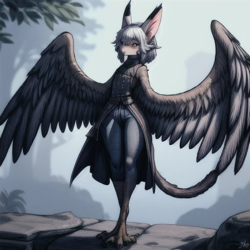 Solo, 1_person, 2_wings, large_wings, massive_wings, long_tail, 2_legs, fighting_pose, short_snout, fully_clothed, pants, covered_butt, wearing_pants, long_skirt, covered_crotch, no_arms, no_hands, clothed, clothing, wing_arms, dress, pants, short_nose, small_snout, robe, avian_wings, covered_butt, large_wings, avian_body, long_wings, hand_feet, no_forearms, no_elbows, wings_for_arms, harpy, large_wings_for_arms, random_pose, handfeet, huge_wings, massive_wings, feather_covered_butt, feline_face,
 cat_ears, flat_chest, feathers, digitigrade_legs, finger_toes, <lora:animeHarpy_v10:1> (best quality, high quality)(rating: safe)