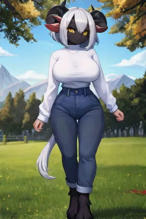 (high res), ((masterpiece)) , ((best quality)), illustration, beautiful, (masterpiece), best quality, highly detailed, 1girl, furry, sheep girl, (black skin:1.5), (perfect eyes, yellow eyes:1.6), (ram horns, sheep ears, no tail:1.2), (wide waist, breasts, hooved feet, mature female, tall:1.3), (white hair, short hair, hime cut:1.1), (blue long sleeve shirt, blue sporty crop-top, baggy blue jeans, baggy clothing:1.4), standing straight, looking at viewer, front facing, smile, stretching, warm, park background, no animals, alone