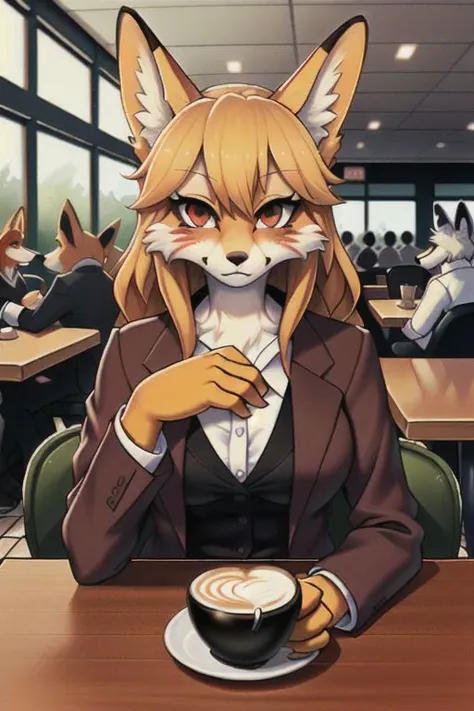 score_9, score_8_up, score_7_up, score_6_up, (furry:1.2), (body fur:1.2), (detailed fur:1.2), (female), (red fox), (fox face markings), (brown anime eyes), (blonde medium hair), (medium breasts), (chest tuft), (office suit), (cup of coffee on the table), (look at viewer), (sit), (diner interior), (customers), (day), (beautiful lights and shadows), (focus on upper body), (photorealistic)