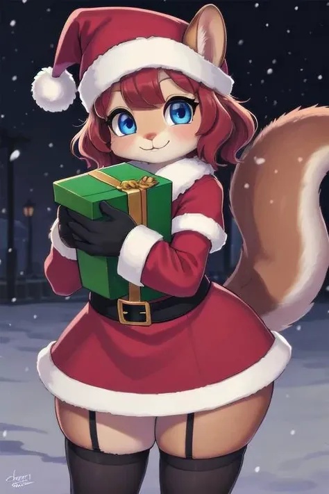 (high res), ((masterpiece)) , ((best quality)), illustration, beautiful, highly detailed, perfect eyes, vibrant colors, fantasy, perfect lighting, 1girl, furry, brown squirrel girl, squirrel, blue eyes, (mature female, shortstack, wide hips), (short hair, wavy hair, red hair), clothed, (santa dress, santa hat, black stockings, fuzzy gloves, clevage), smile, looking at viewer, outside, snowing, holding present, big present, at doorstep, night time