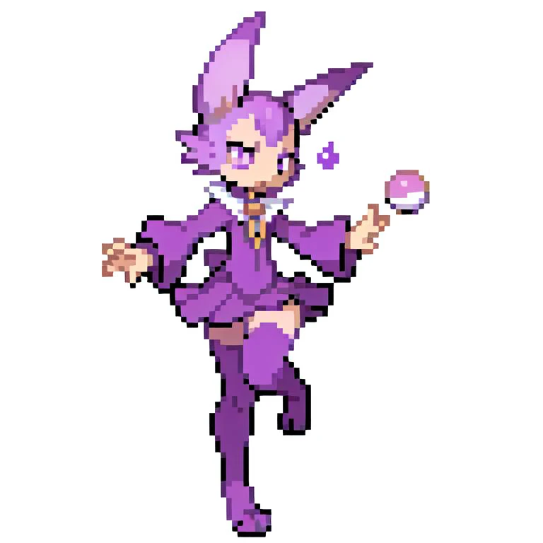 espeon,(1girl), (anthro), furry, rabbit ears, witch outfit, psychic, thighhighs, magical girl, purple dress, purple sleeves, miniskirt, standing on one leg, looking to the side,
white background,
poke ball, telekinesis,
<lora:F1-Furry-Eeveelution:.7>
<lora:pk_trainer768_V1:.6>